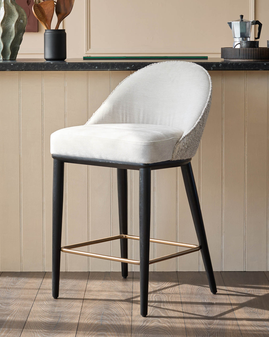 Scarlett cream boucle and natural grey chenille bar stool