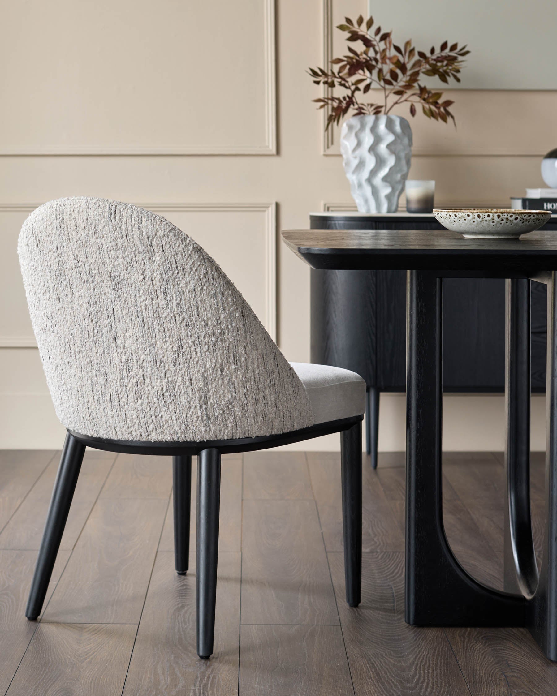 Scarlett cream boucle and natural grey chenille dining chair