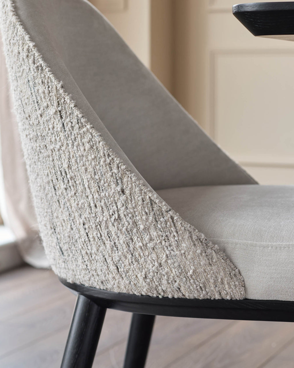 Scarlett cream boucle and natural grey chenille dining chair