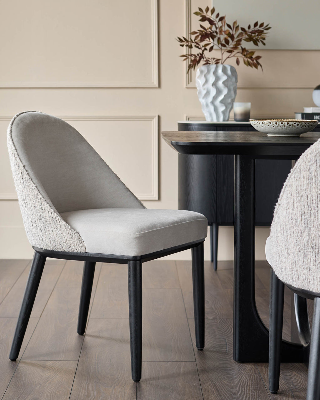 Scarlett cream boucle and natural grey chenille dining chair