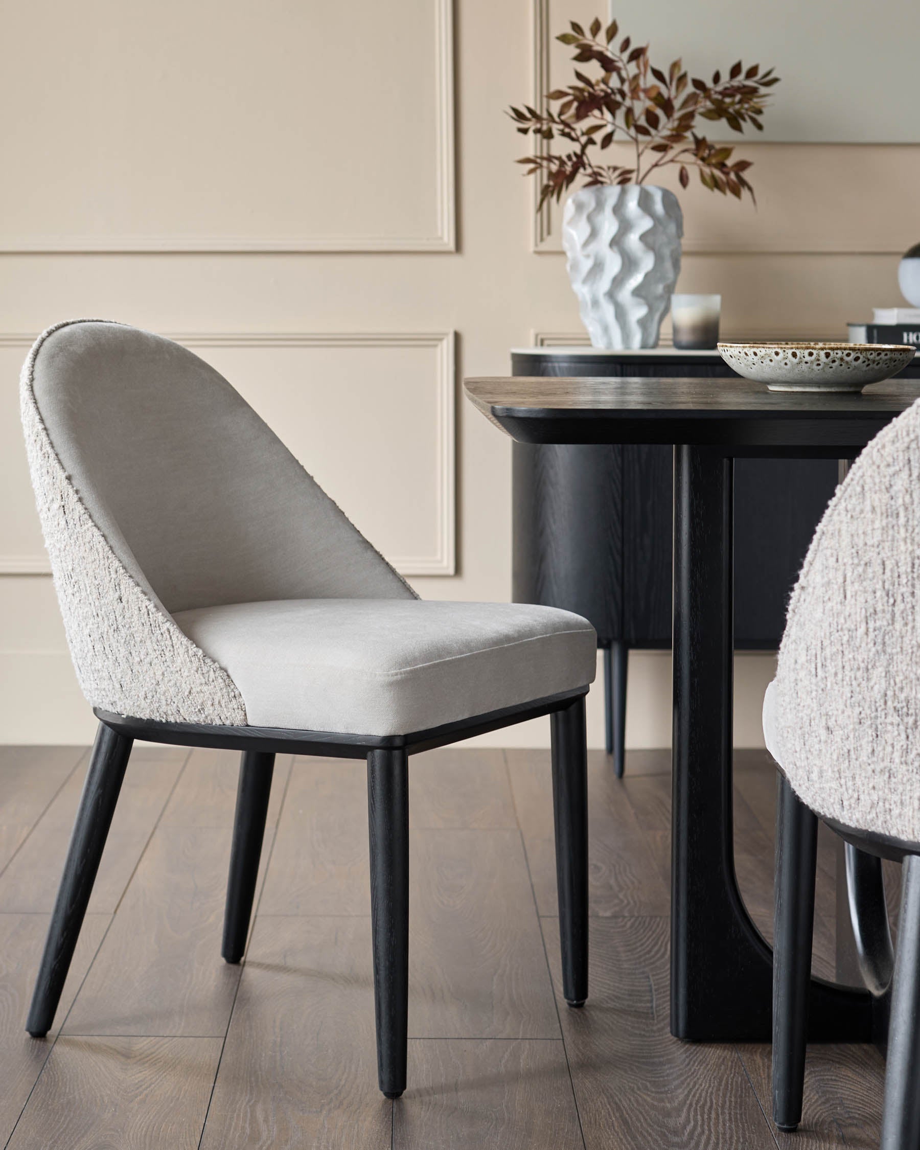 Scarlett cream boucle and natural grey chenille dining chair