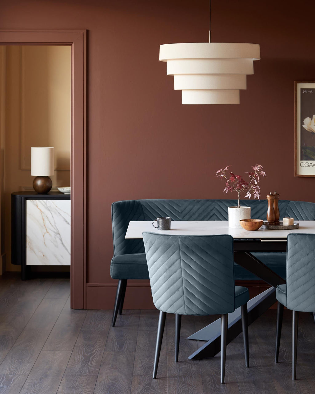 Serena blue grey velvet 3 seater dining bench