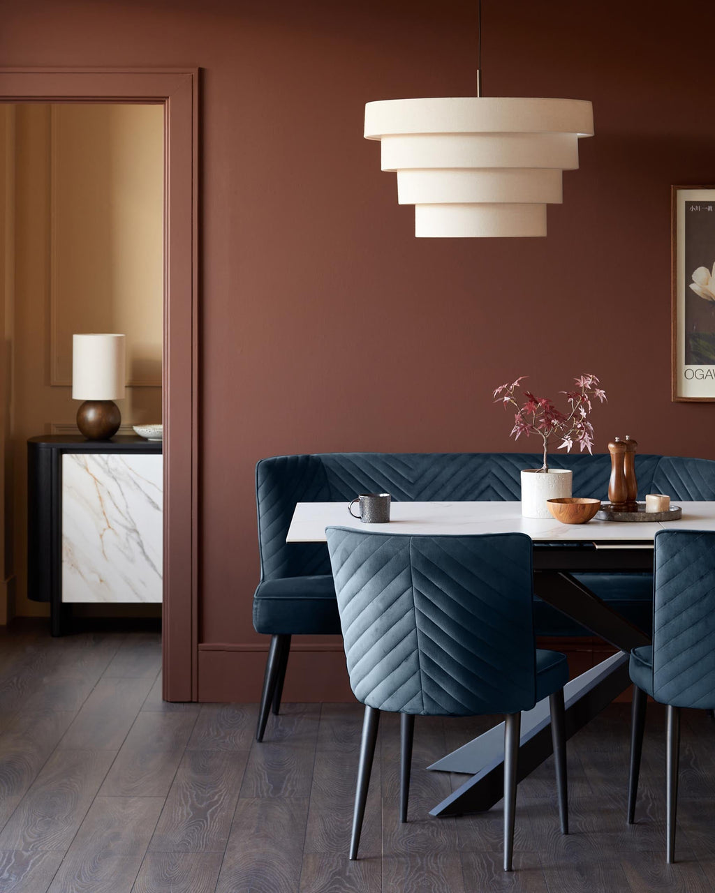 Serena Dark Blue Velvet 3 Seater Dining Bench with Backrest