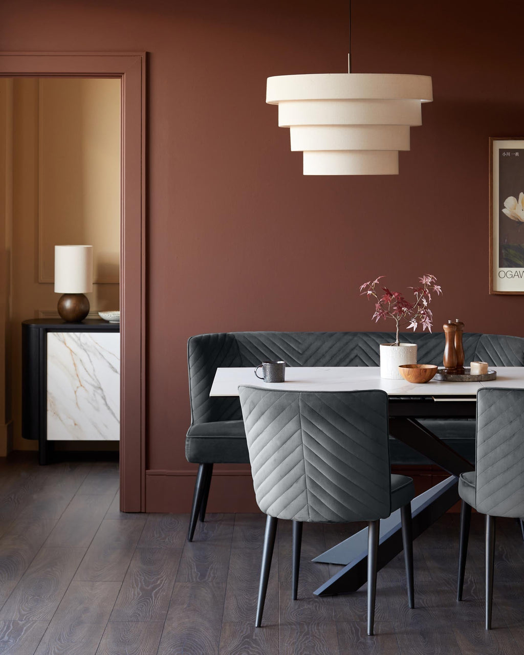 Serena dark grey velvet 3 seater dining bench