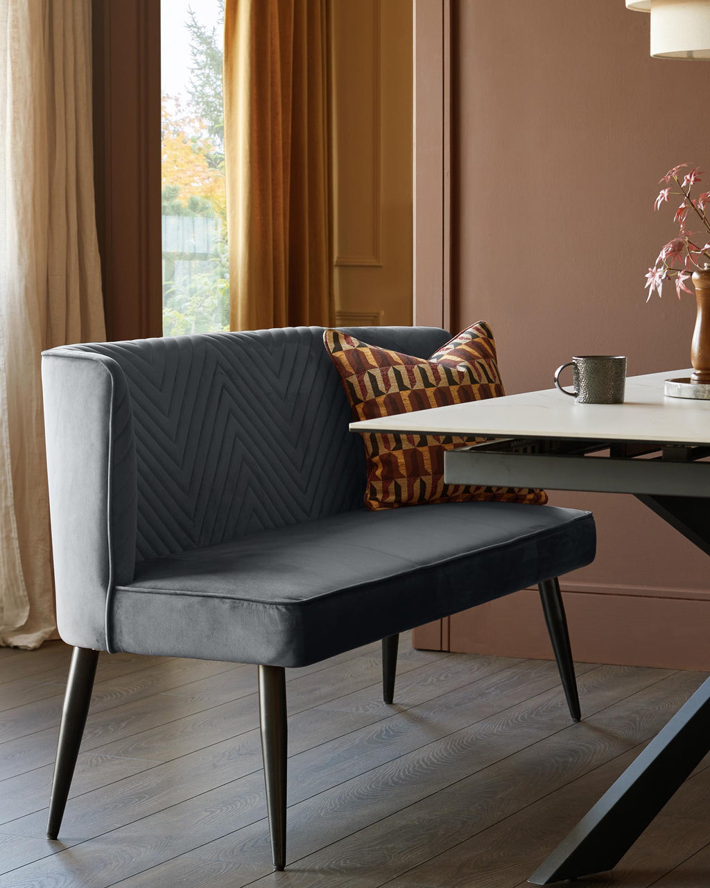 Serena dark grey velvet 3 seater dining bench