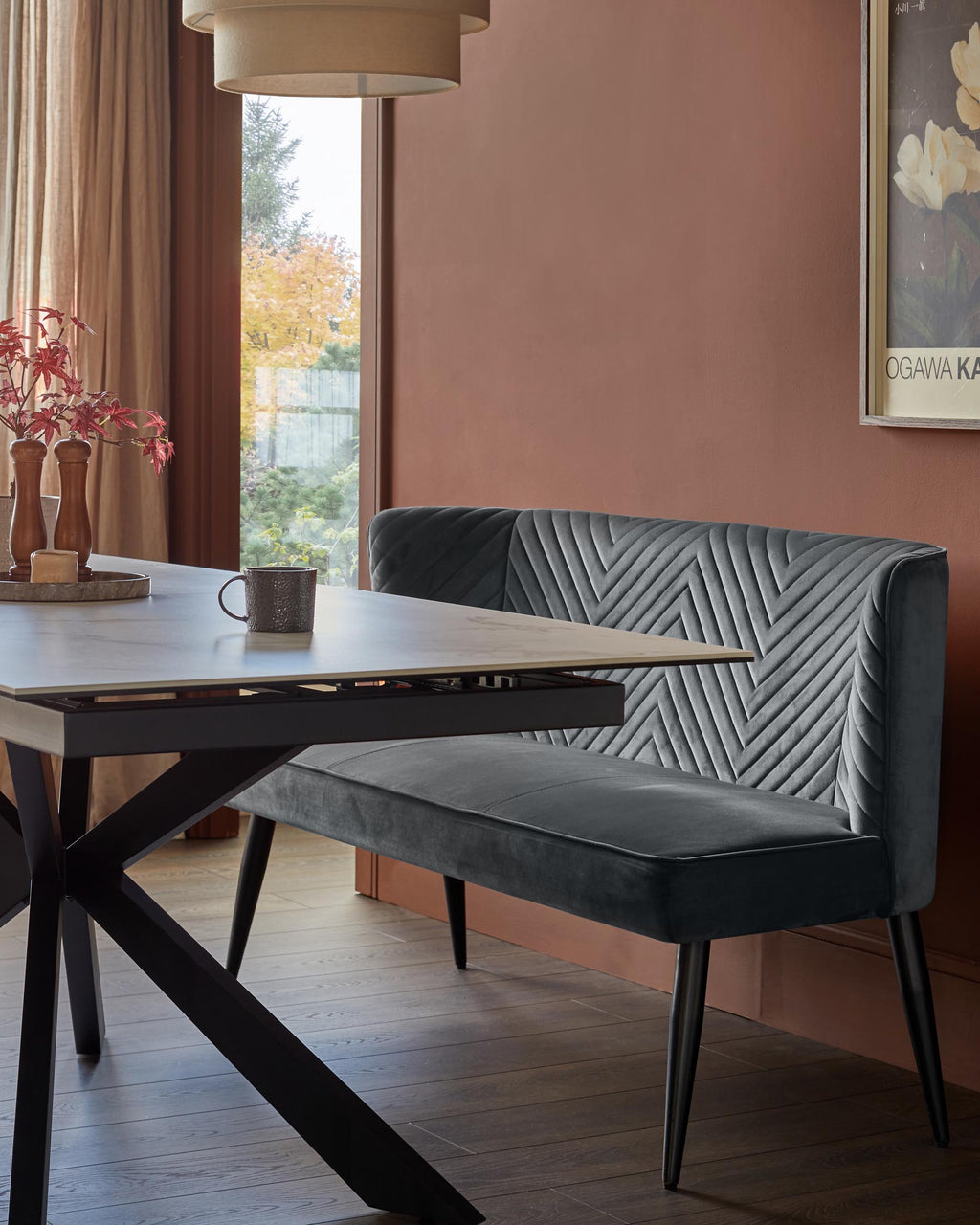 Serena dark grey velvet 3 seater dining bench