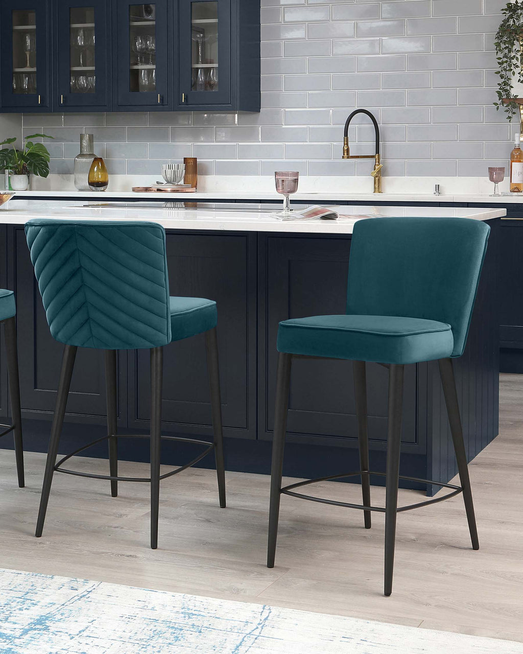 Serena Dark Teal Velvet Bar Stool With Black Metal Leg