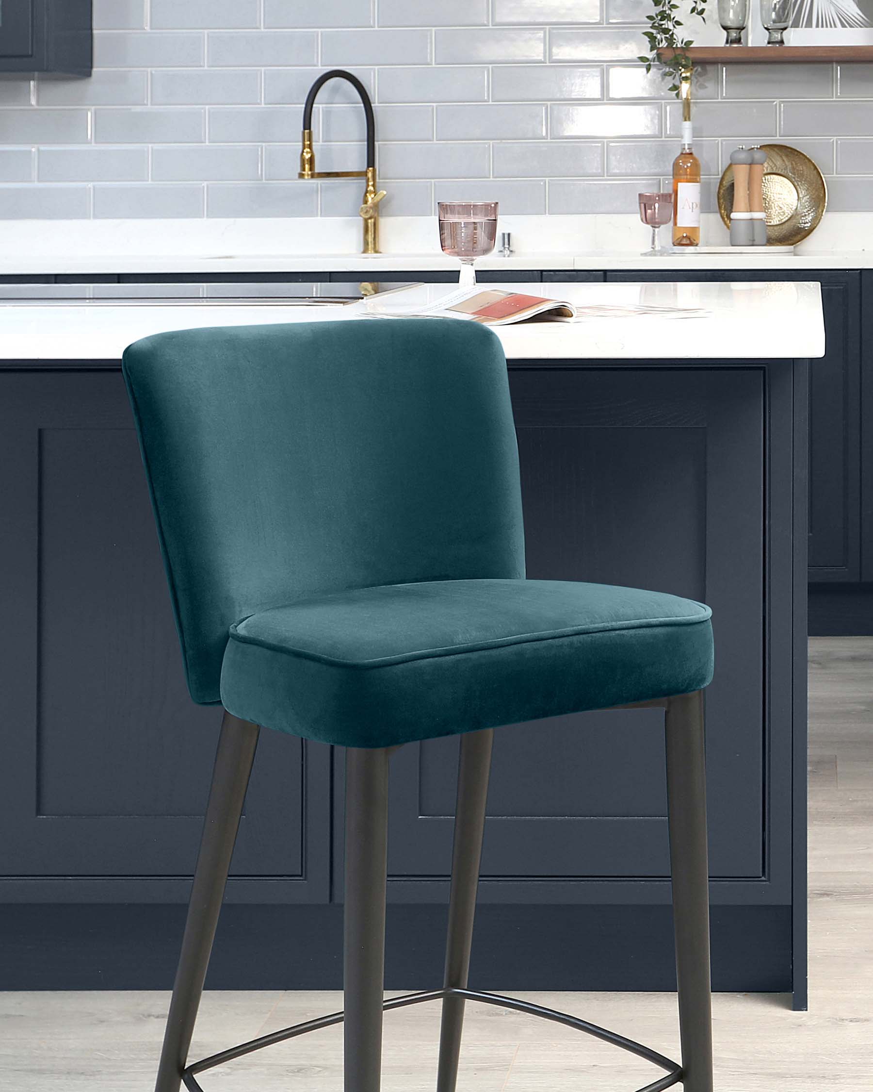 Serena Dark Teal Velvet Bar Stool With Black Metal Leg