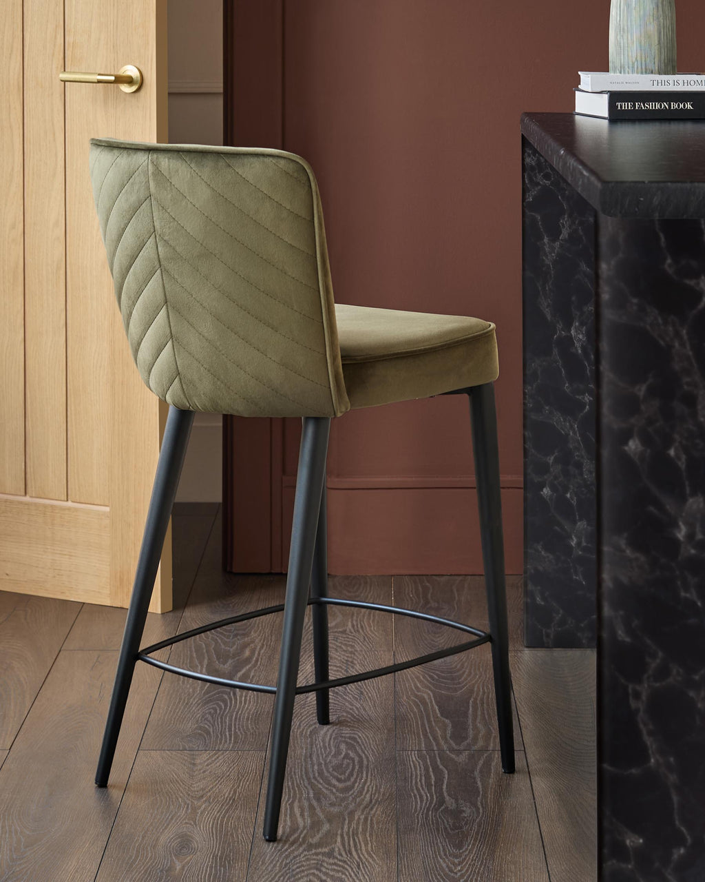 Serena olive green velvet bar stool