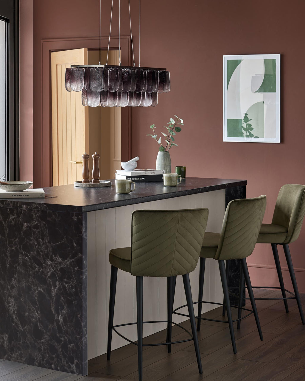 Serena olive green velvet bar stool