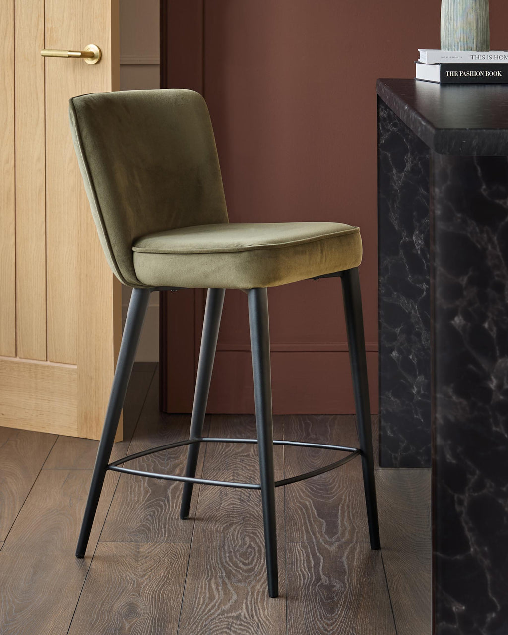 Serena olive green velvet bar stool