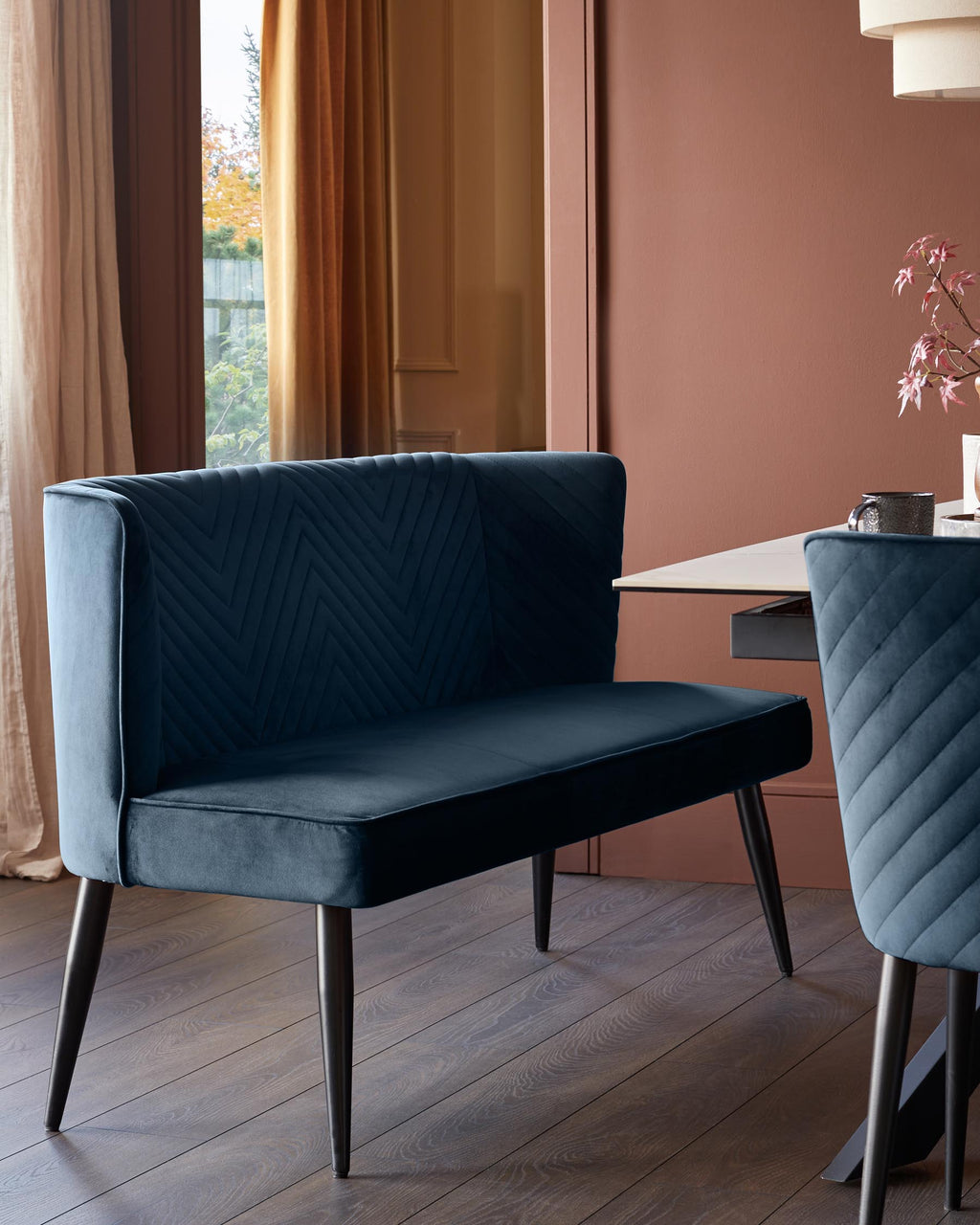 Serena Dark Blue Velvet 3 Seater Dining Bench with Backrest