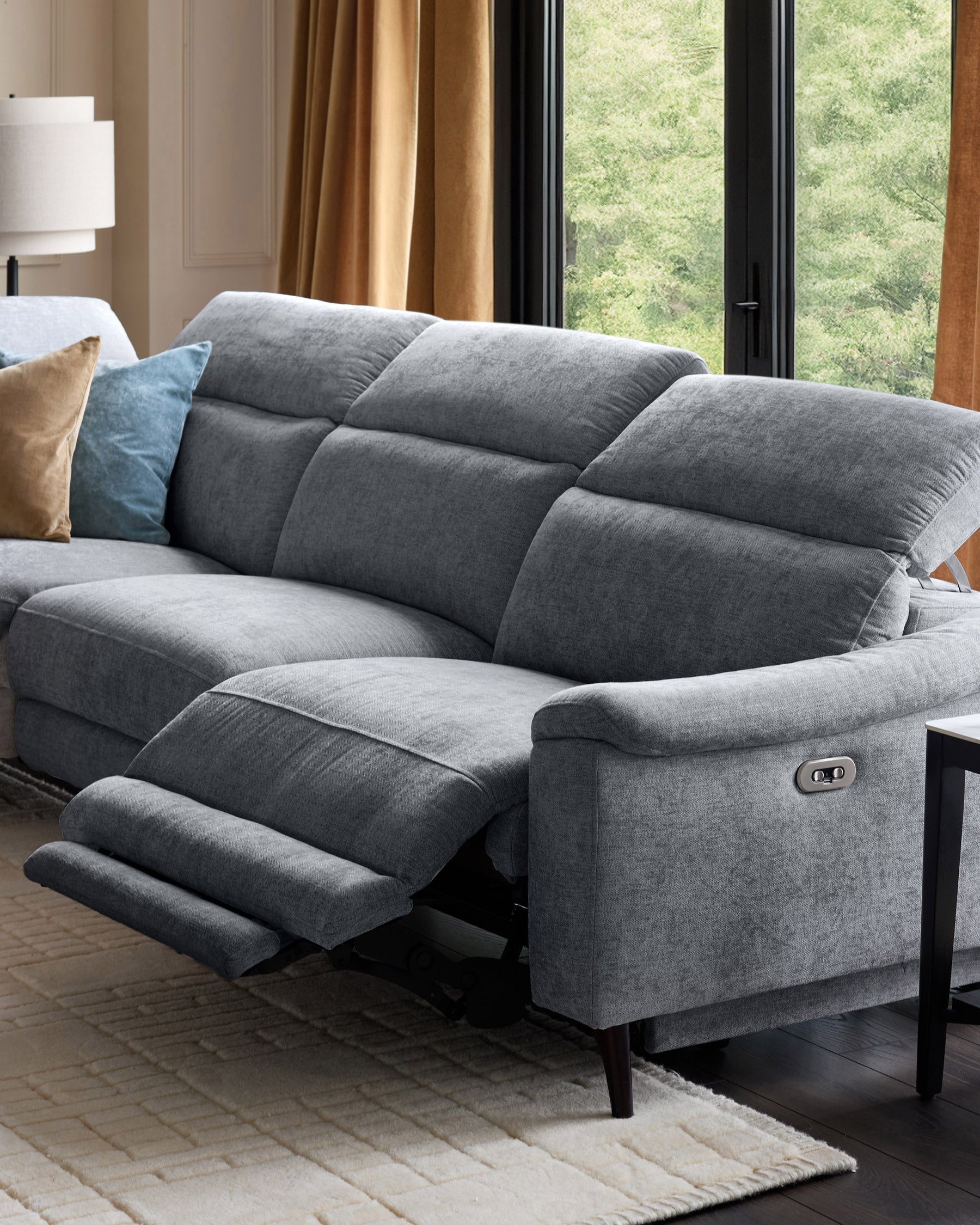 Serene blue grey chenille left hand corner chaise recliner sofa