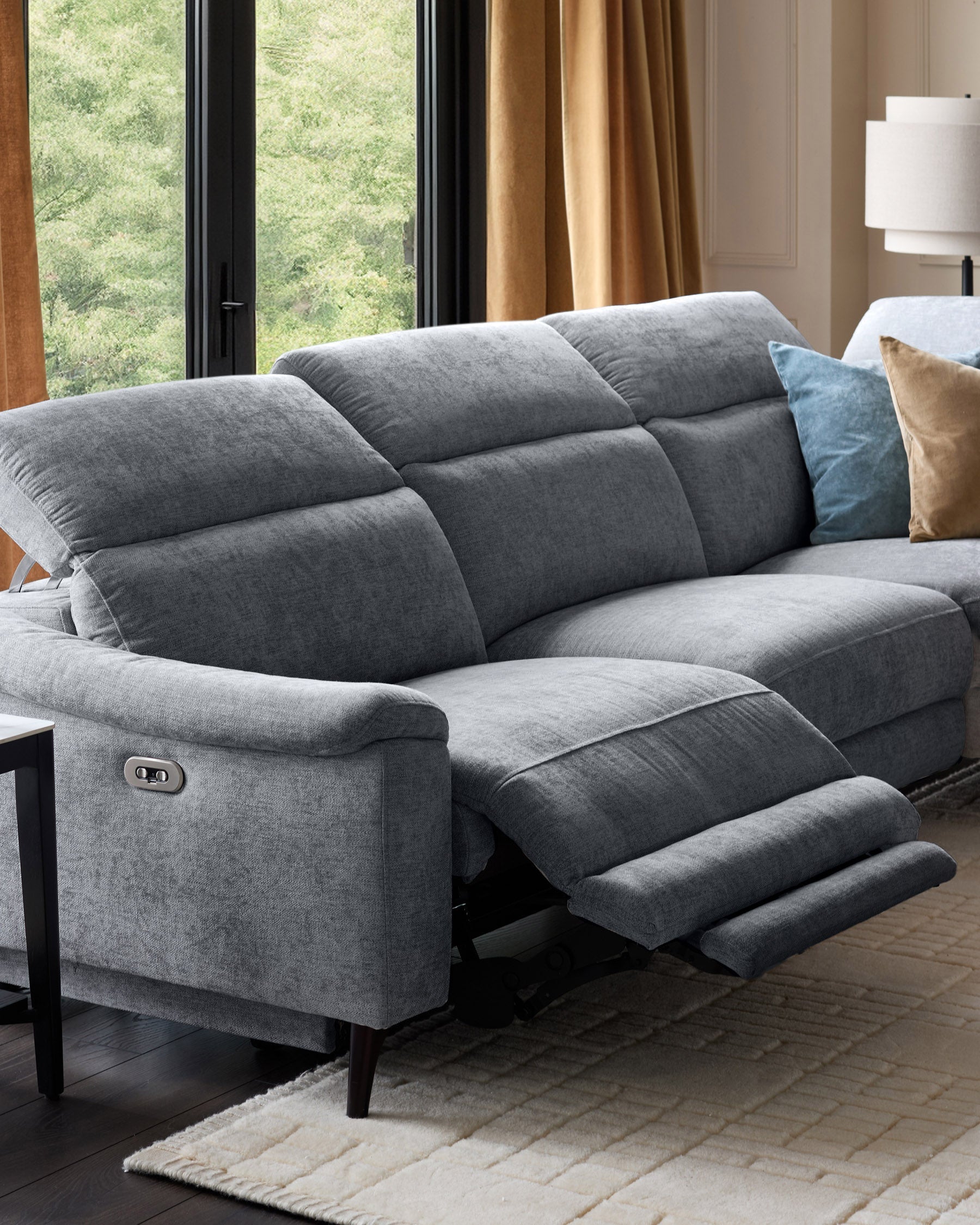 Serene blue grey chenille right hand corner chaise recliner sofa