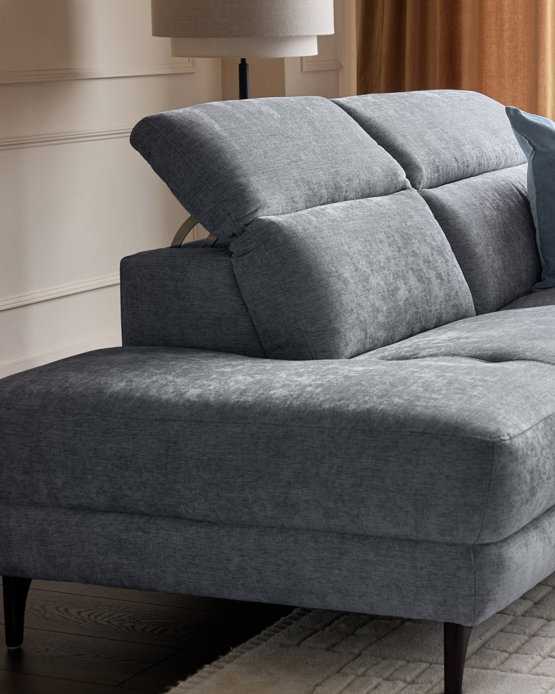 Serene blue grey chenille left hand corner chaise recliner sofa