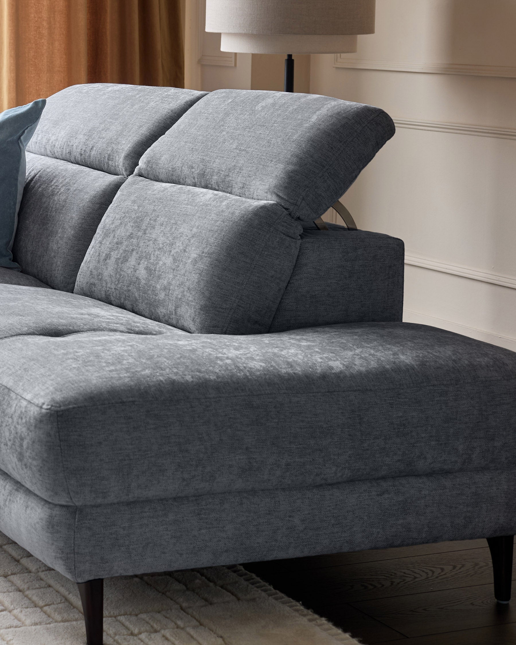 Serene blue grey chenille right hand corner chaise recliner sofa