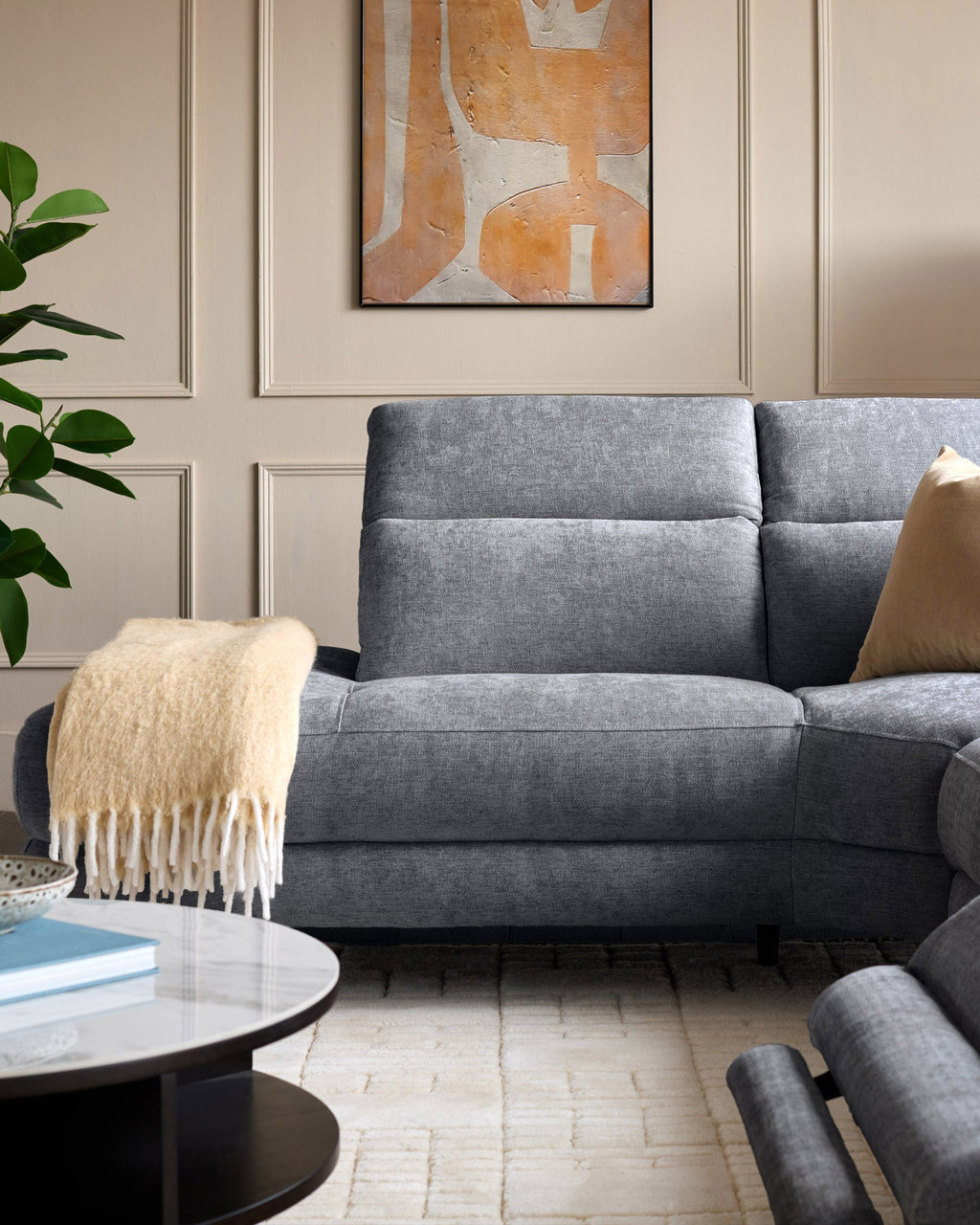 Serene blue grey chenille left hand corner chaise recliner sofa