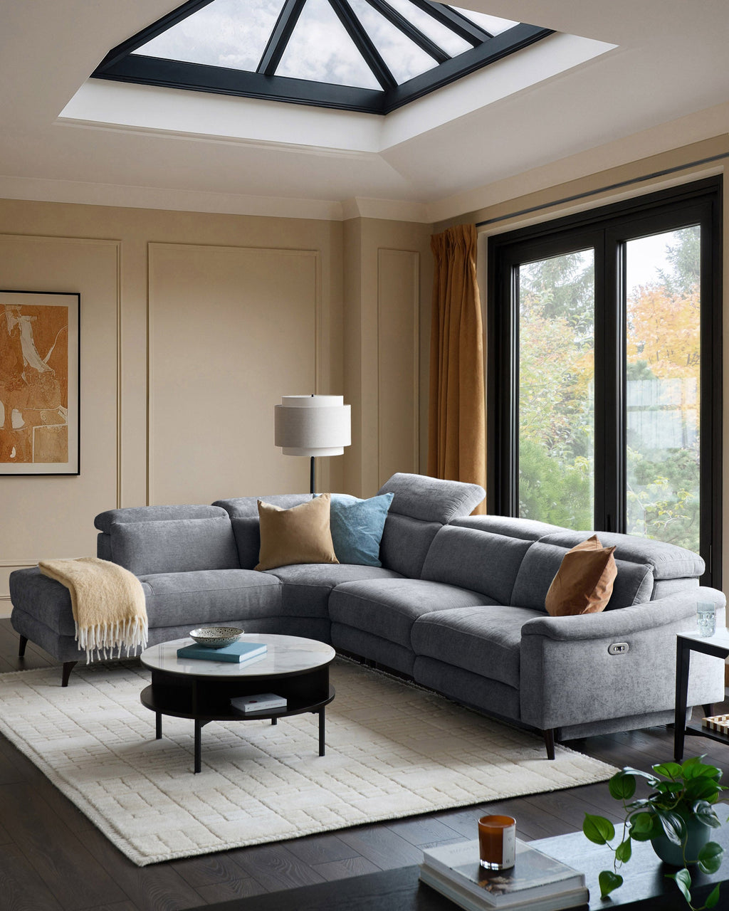 Serene blue grey chenille left hand corner chaise recliner sofa