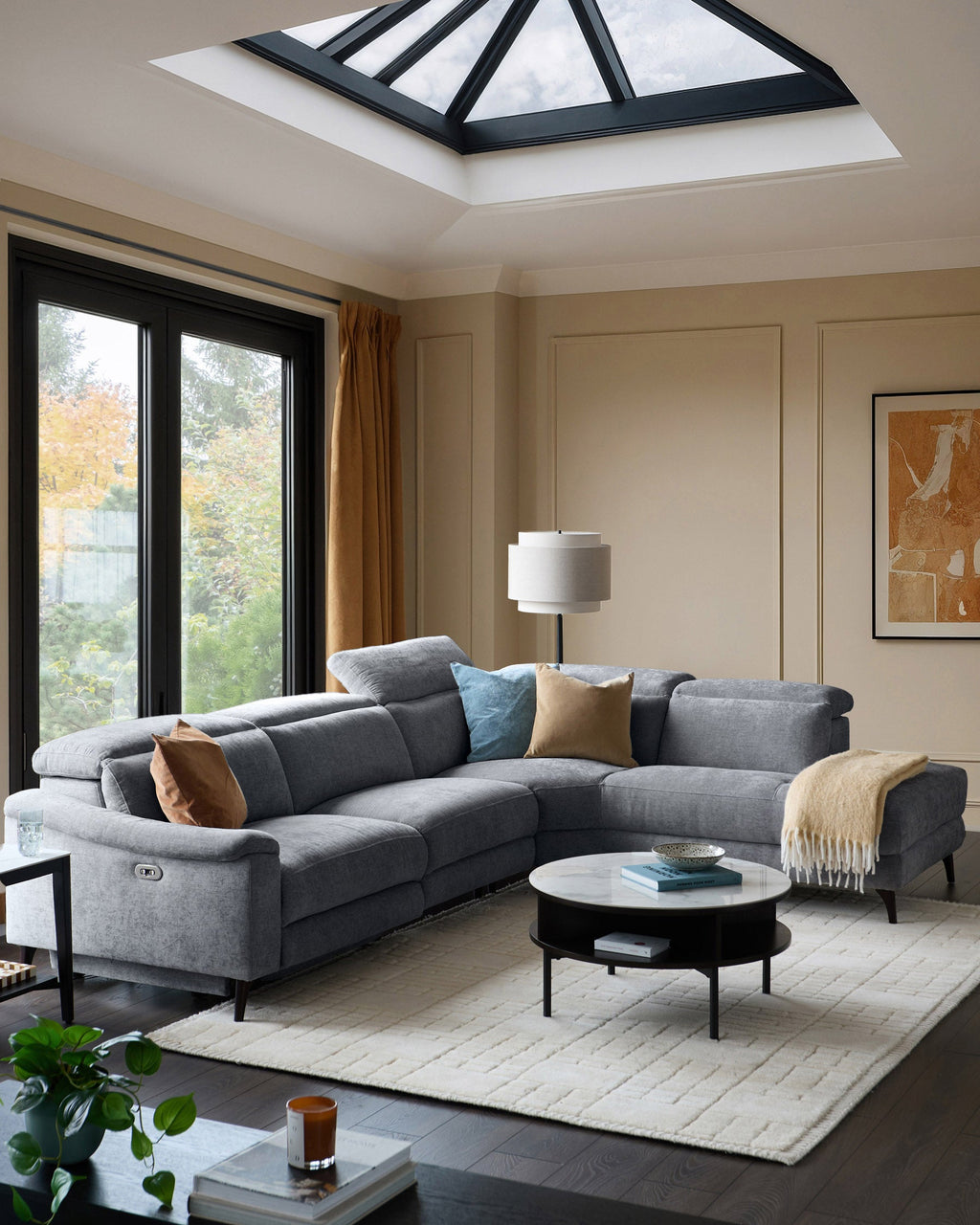 Serene blue grey chenille right hand corner chaise recliner sofa