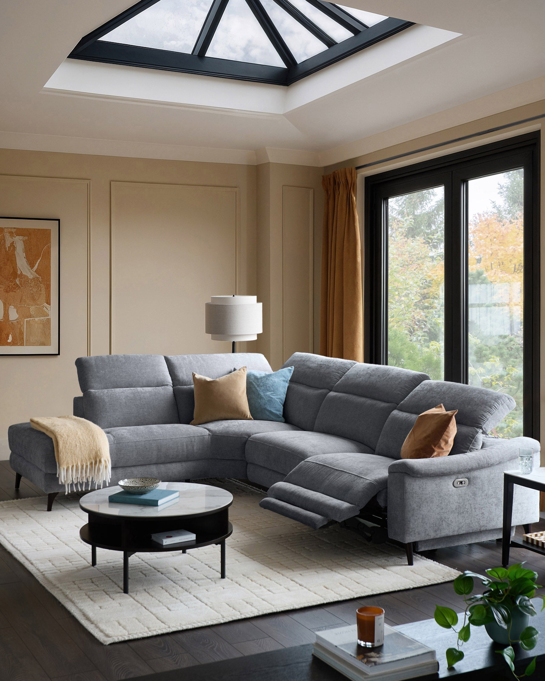 Serene blue grey chenille left hand corner chaise recliner sofa