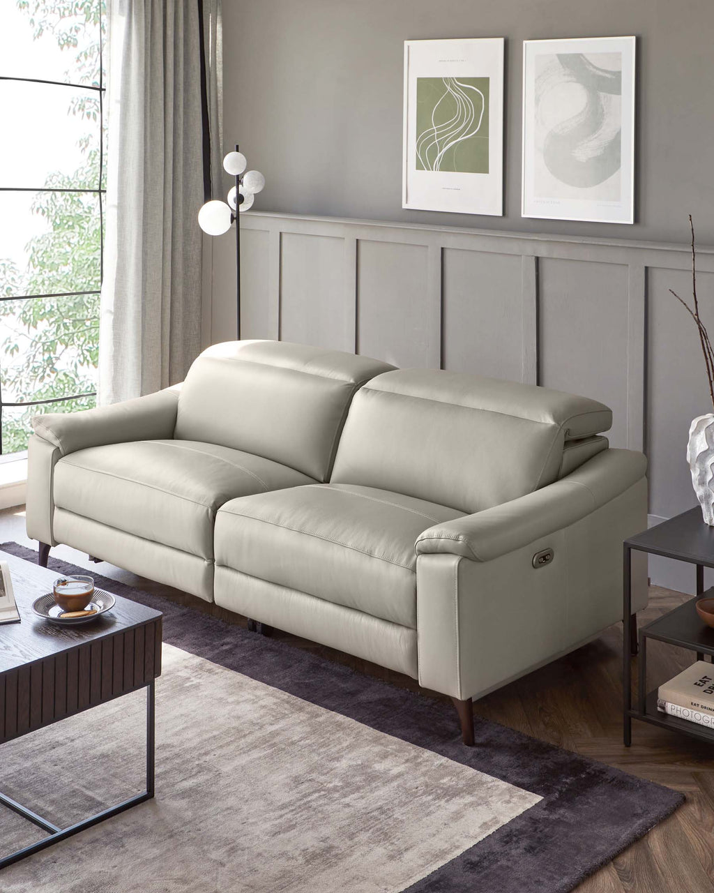 Serene Light Grey Leather 2 Seater Recliner Sofa