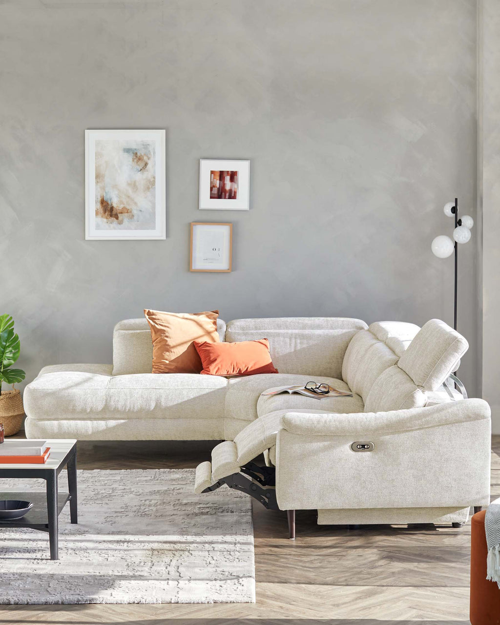 Serene Dark Wood Left Hand Corner Chaise Recliner Sofa Chenille Ivory