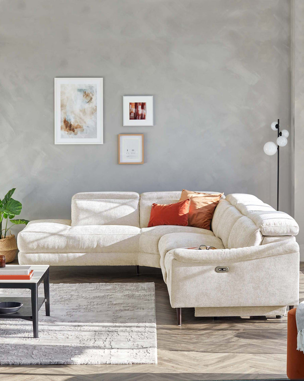 Serene Dark Wood Left Hand Corner Chaise Recliner Sofa Chenille Ivory