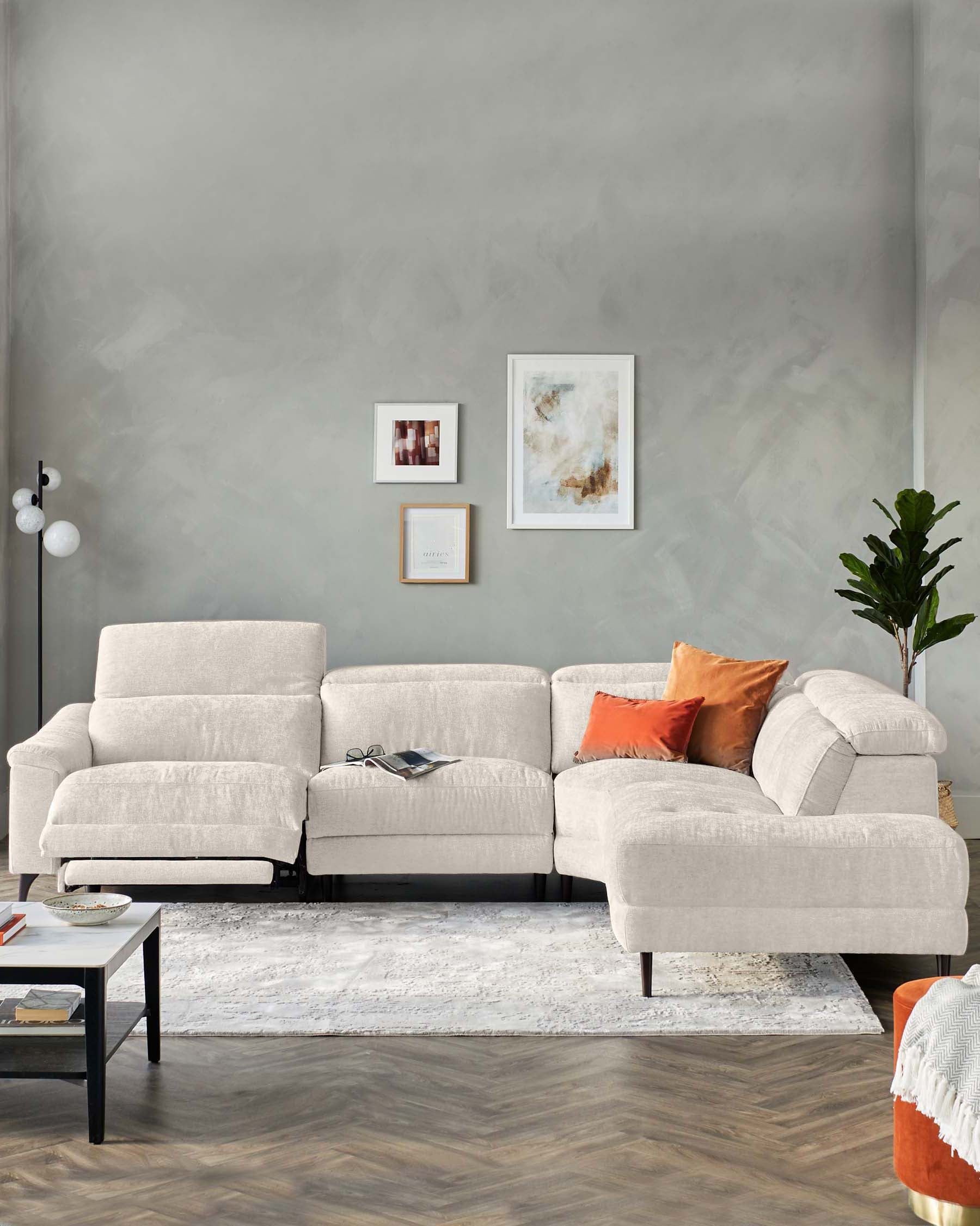 Serene Dark Wood Right Hand Corner Chaise Recliner Sofa Chenille Ivory