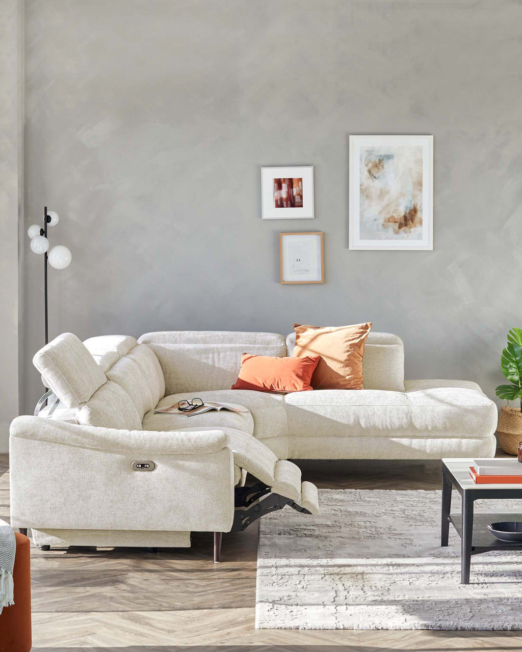 Serene Dark Wood Right Hand Corner Chaise Recliner Sofa Chenille Ivory