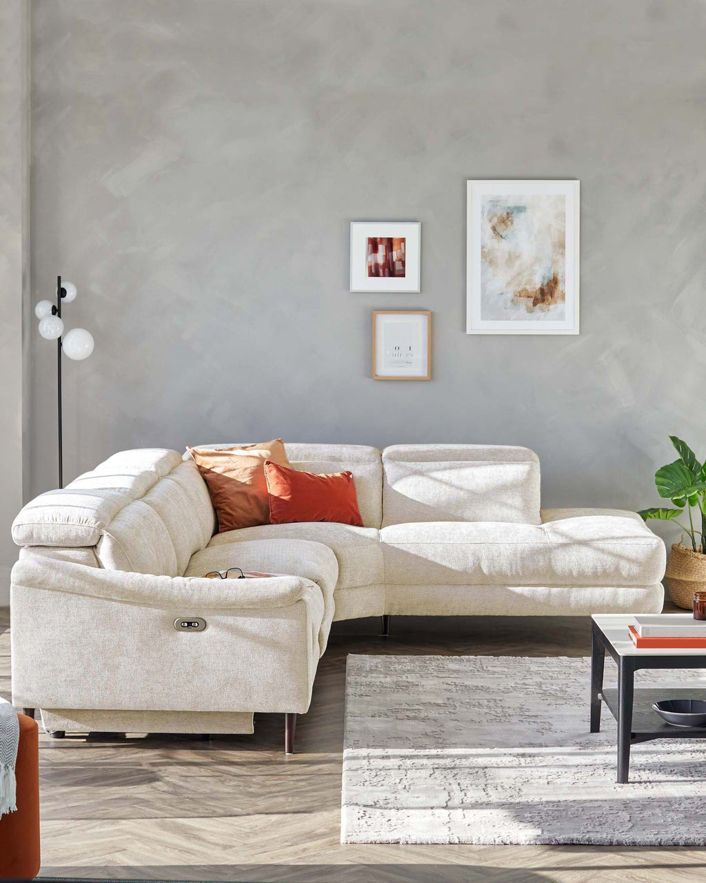 Serene Dark Wood Right Hand Corner Chaise Recliner Sofa Chenille Ivory