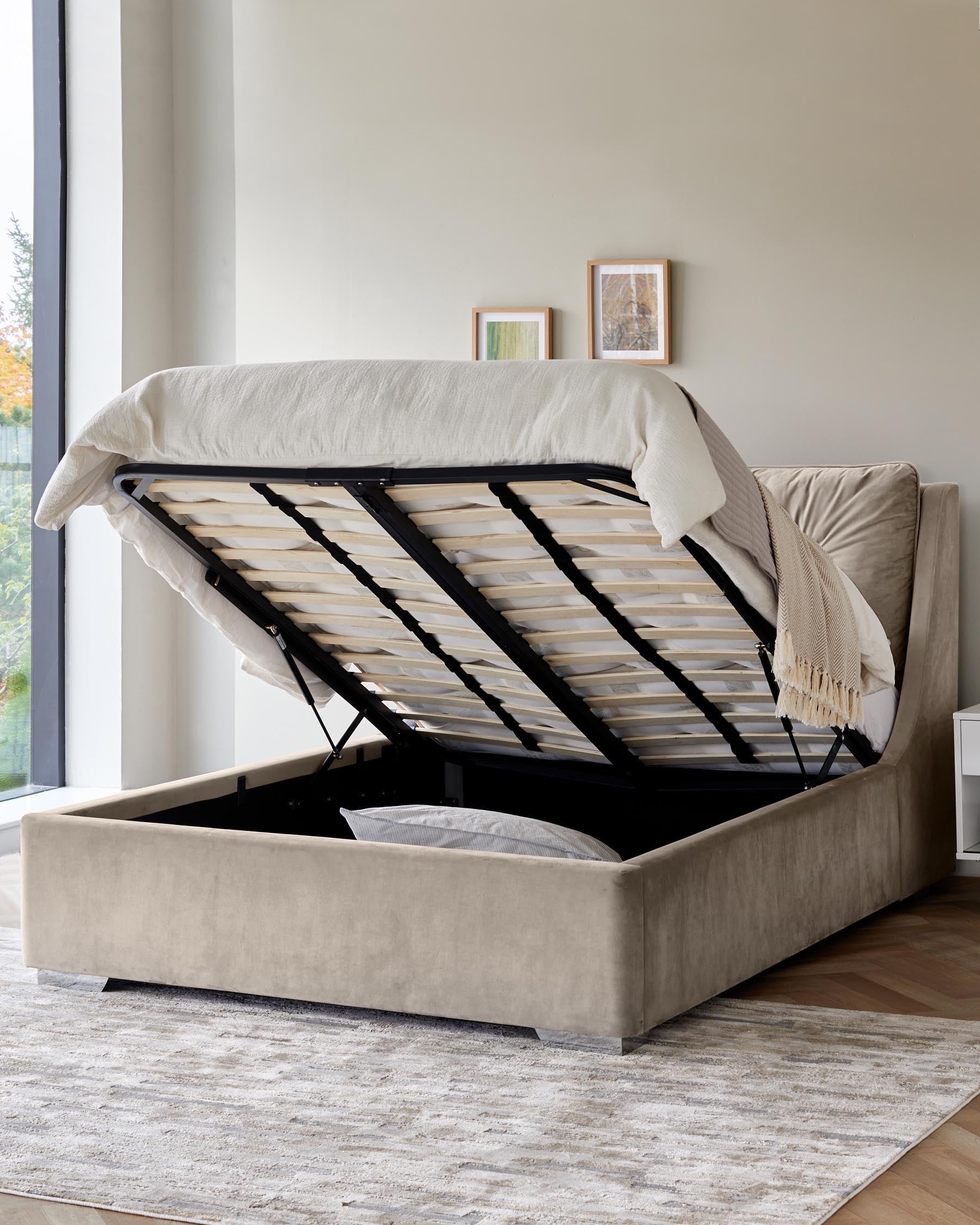 Siesta champagne velvet super king size ottoman storage bed