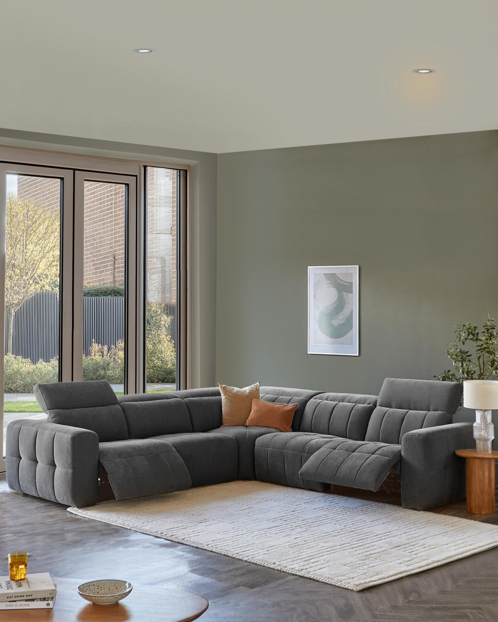 Skye dark grey fabric large corner recliner sofa