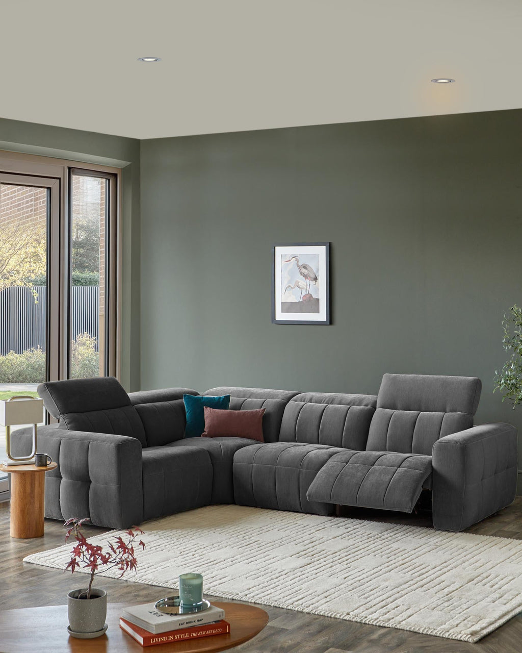 Skye dark grey fabric small corner recliner sofa