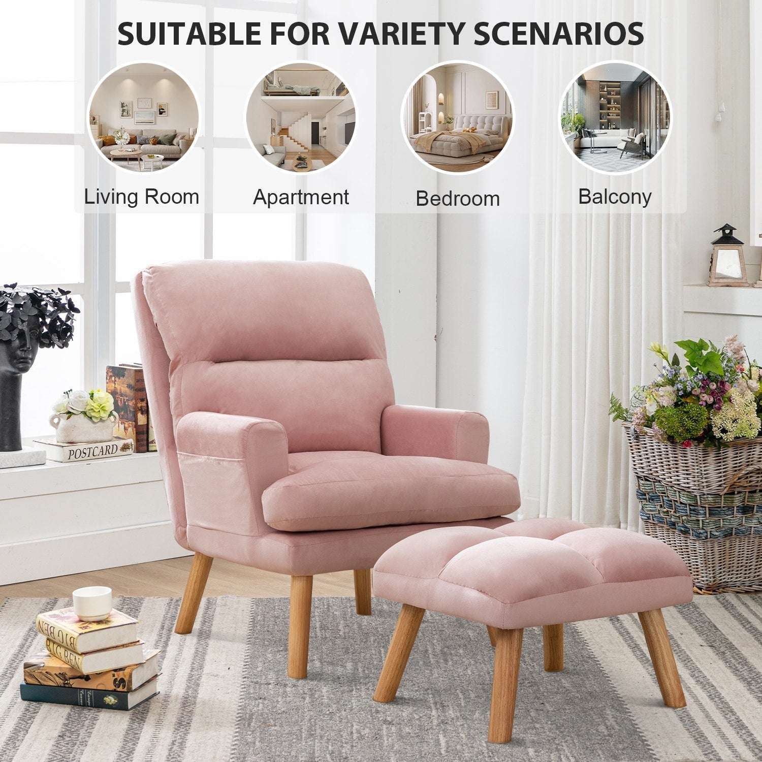 Soft Fabric Casual Living Room Armchair With Adjustable Backrest And Legs Stool