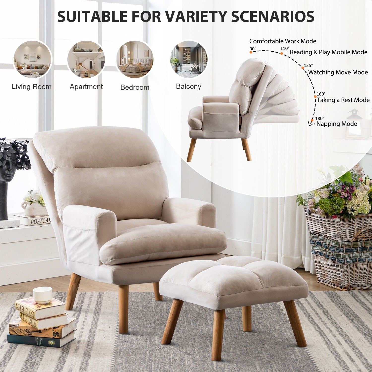 Soft Fabric Casual Living Room Armchair With Adjustable Backrest And Legs Stool