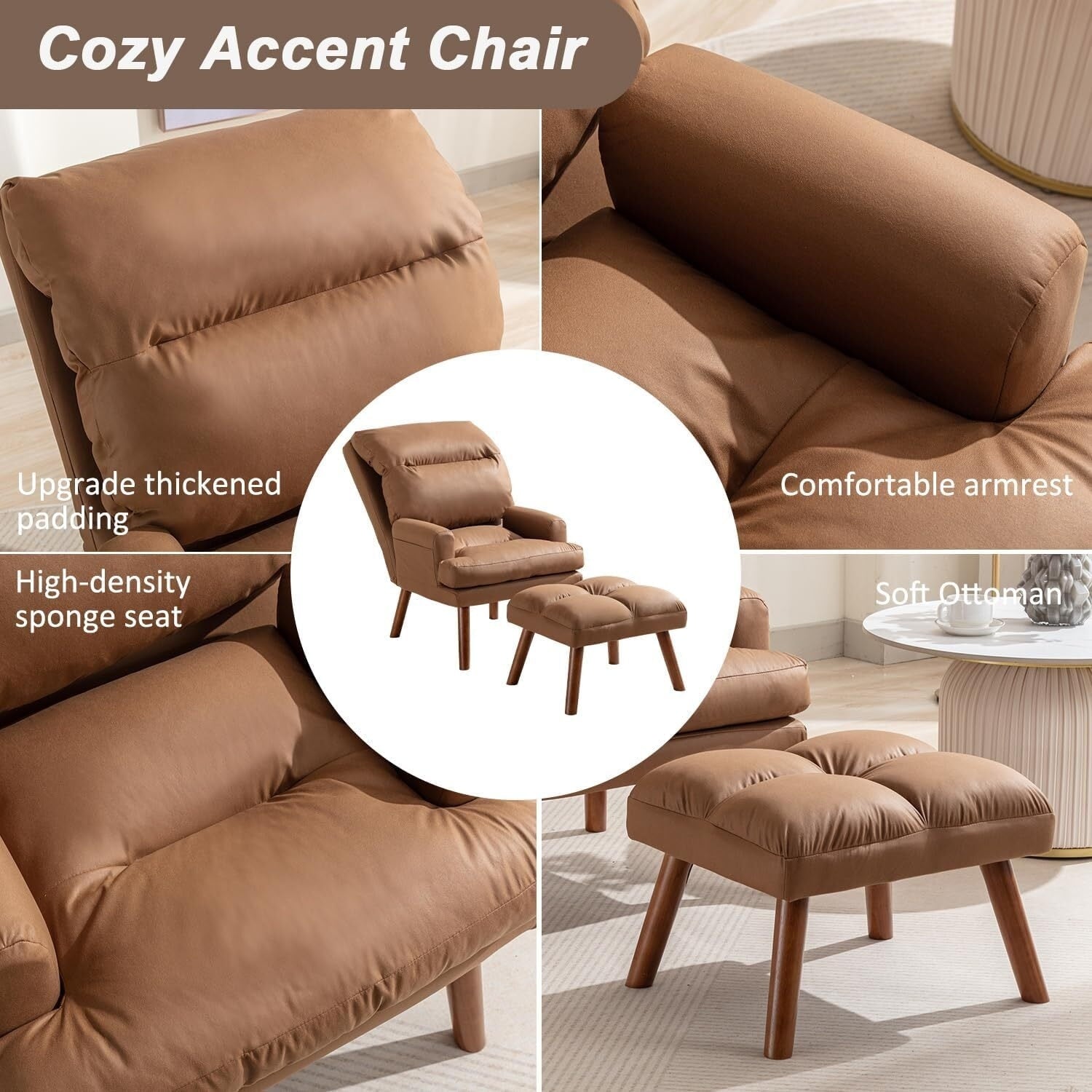 Soft Fabric Casual Living Room Armchair With Adjustable Backrest And Legs Stool