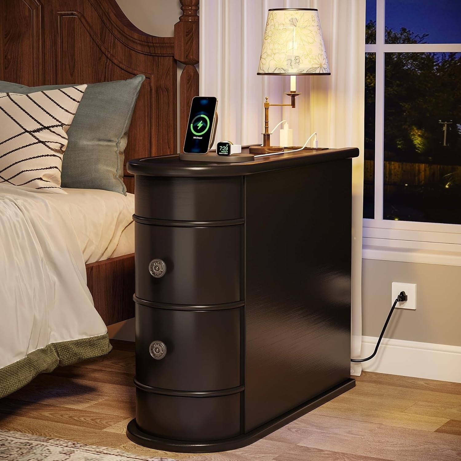 Solid Wood Chairside End Table, Two-Drawer Narrow Side Table Slim