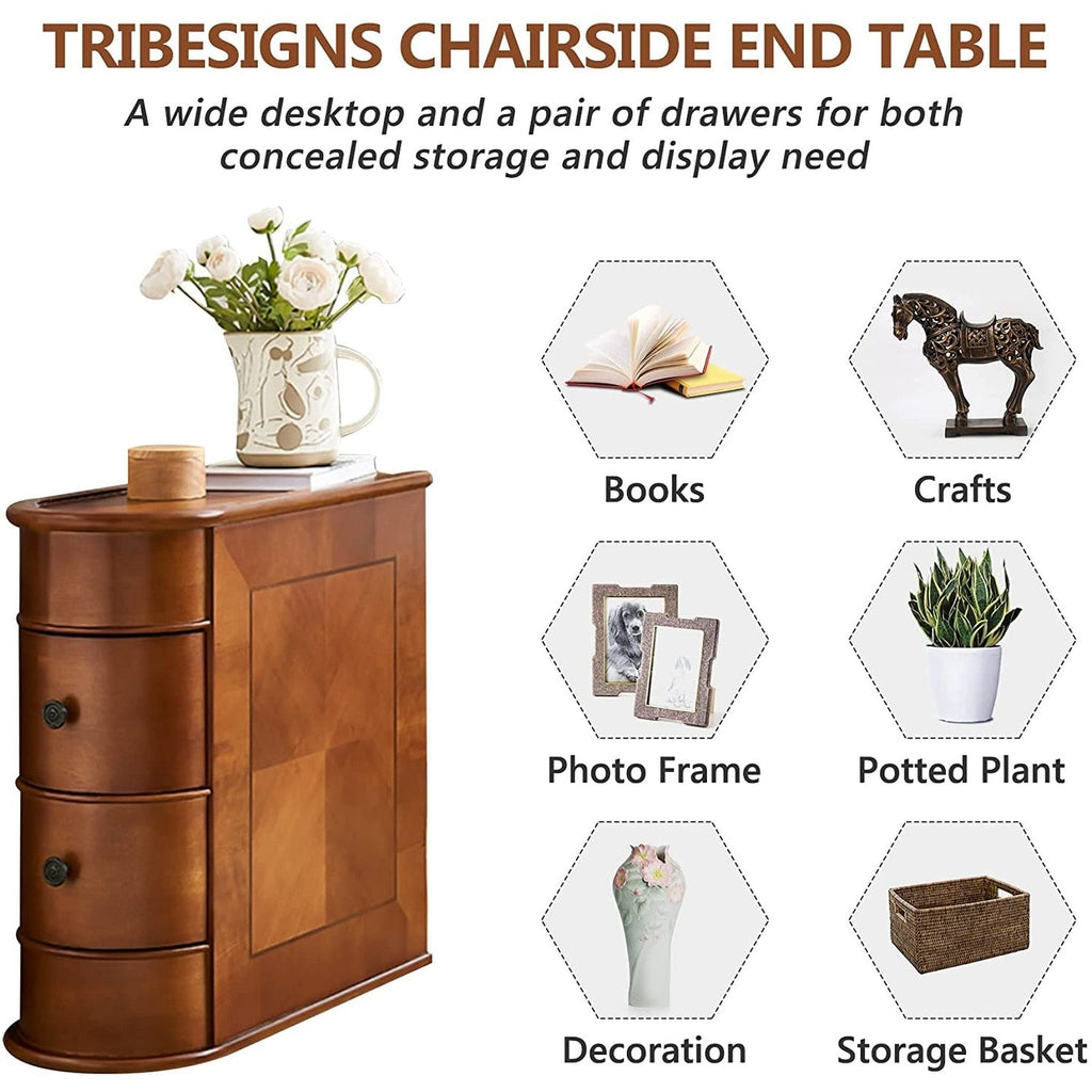 Solid Wood Chairside End Table, Two-Drawer Narrow Side Table Slim