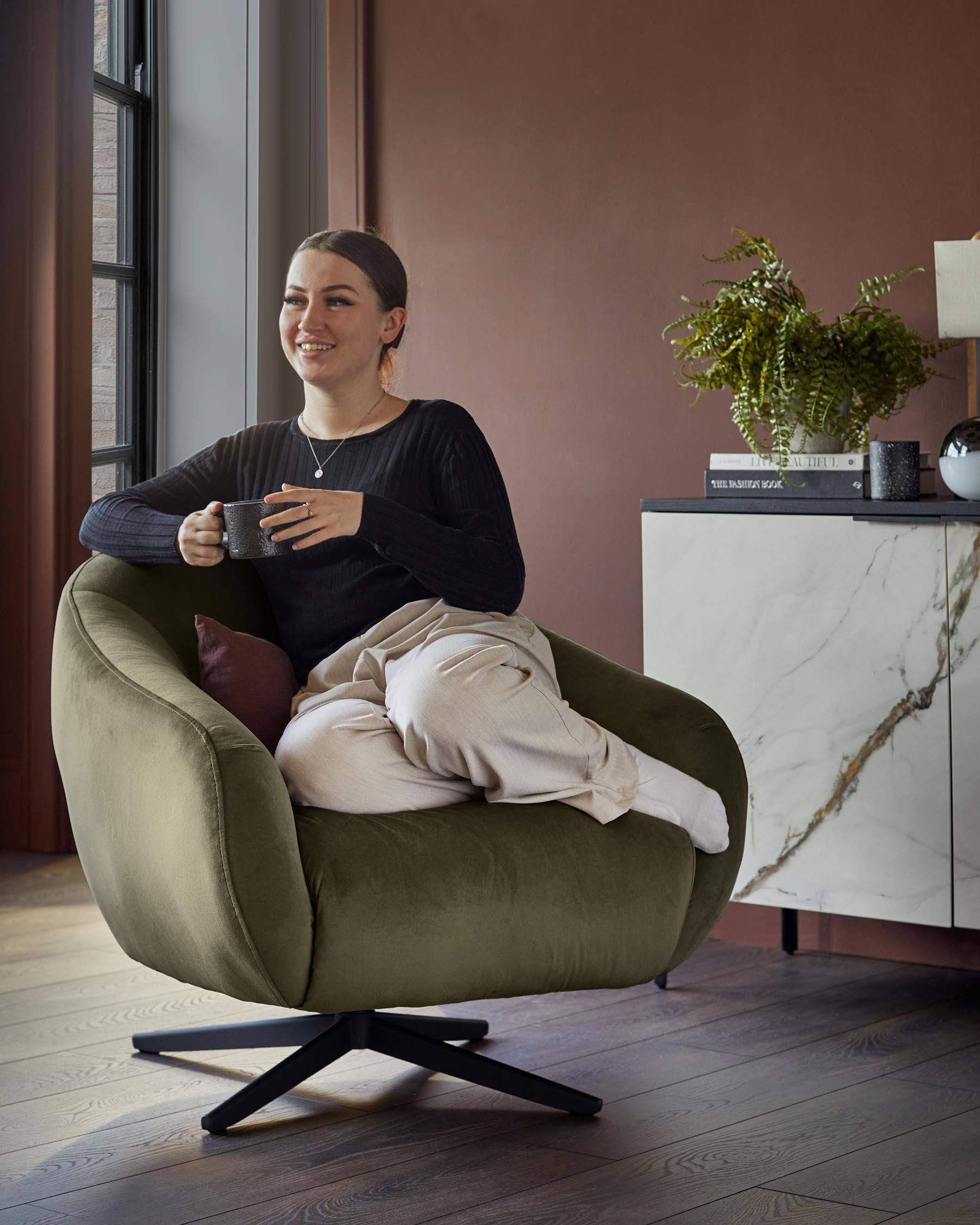 Soren olive green velvet swivel accent chair