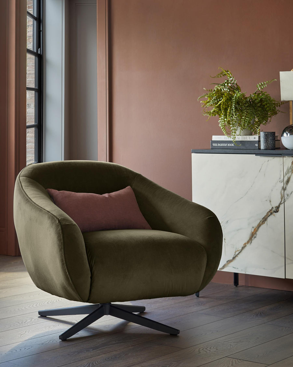 Soren olive green velvet swivel accent chair