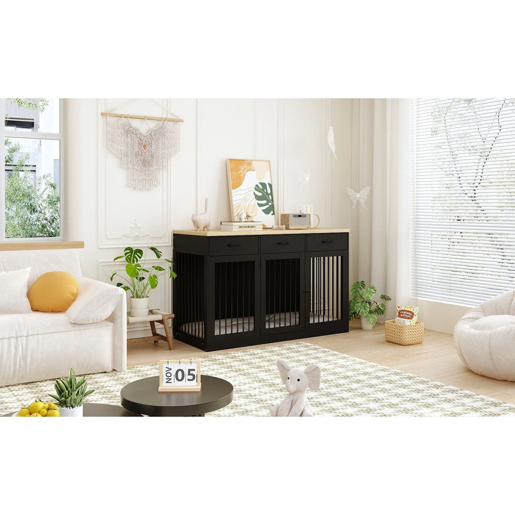 Stylish Wooden Dog Crate Furniture with Storage, 3 Drawers
