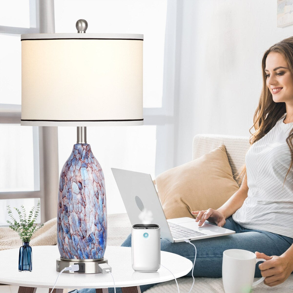 Table Lamp with Nightlight 2in1 Indigo Glass Lamp Body Charging Ports AC Outlet Drum Shade Touch Dimming Switch(Set of 2)