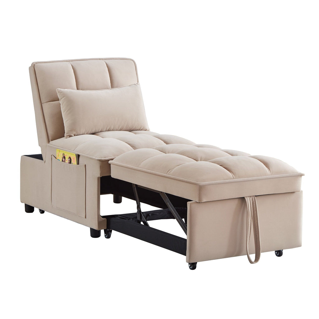 Taupe 68.5 Velvet Single Folding Sofa Bed with Adjustable Backrest and Pillows for Living Room