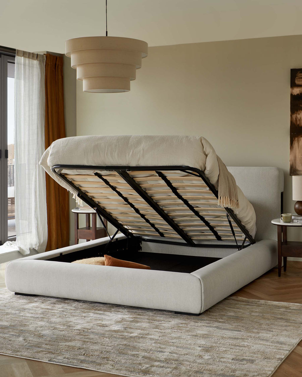 Taylor ivory dual tone fabric super king ottoman storage bed