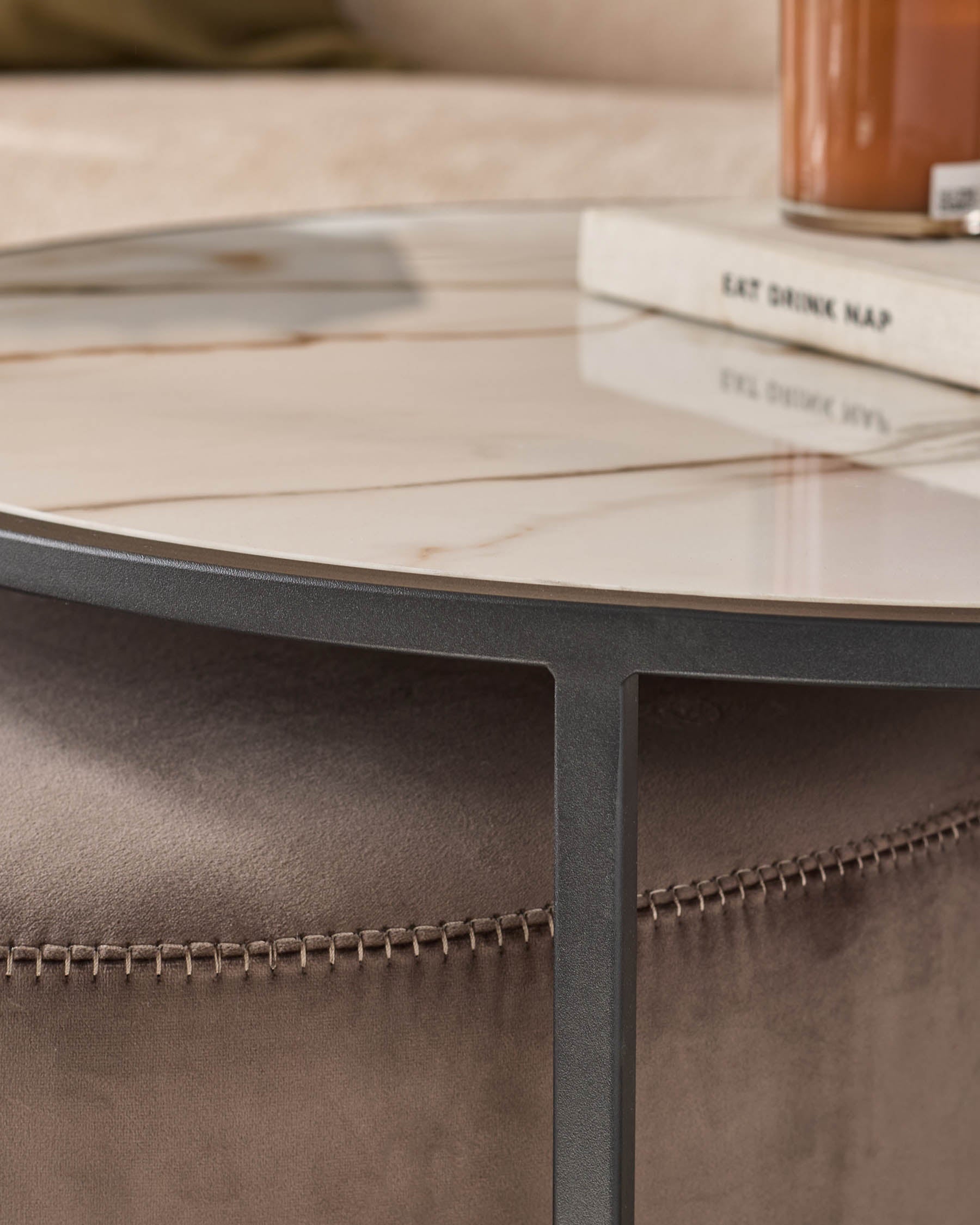 Thea natural ceramic coffee table and mocha velvet pouffe set