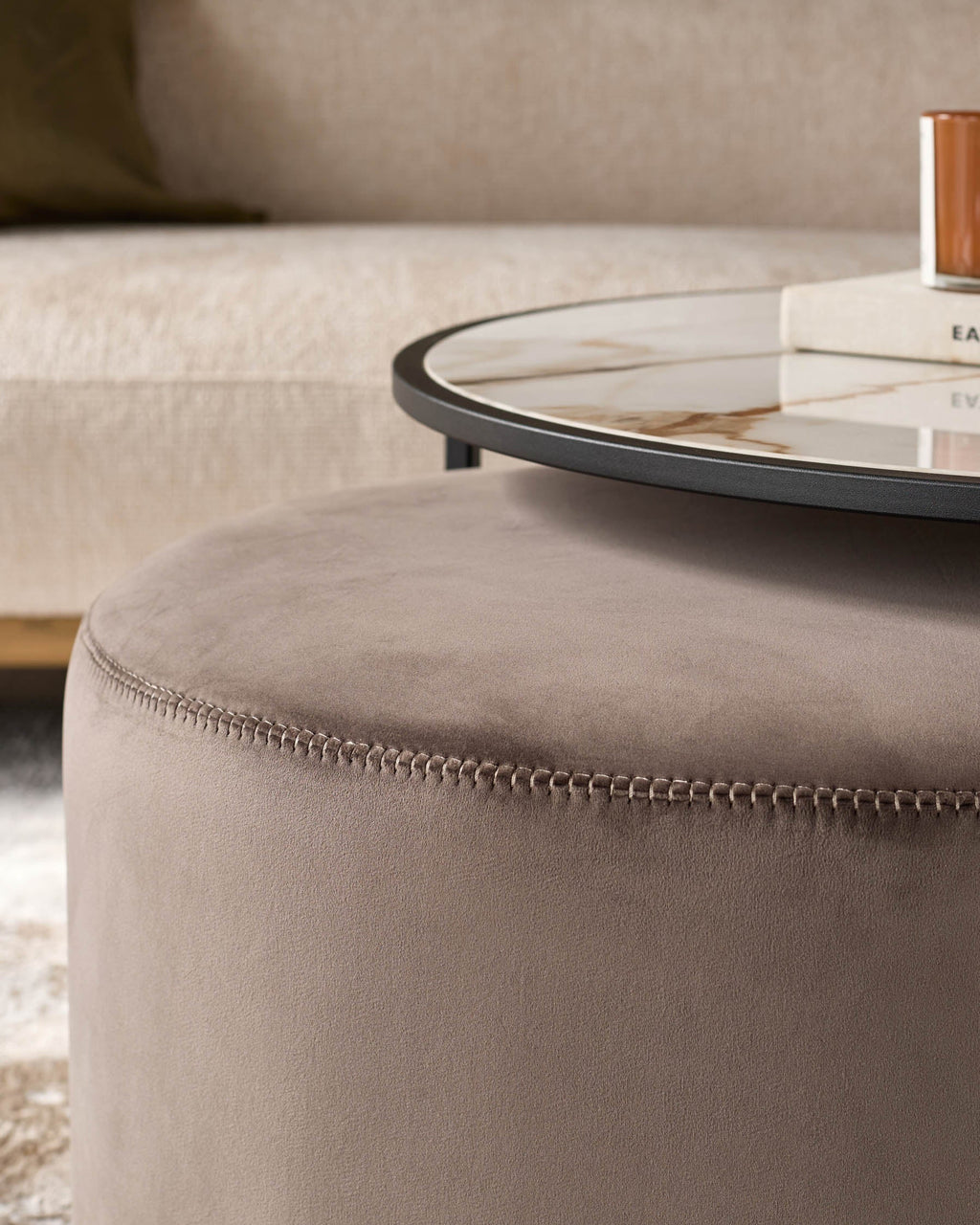 Thea natural ceramic coffee table and mocha velvet pouffe set