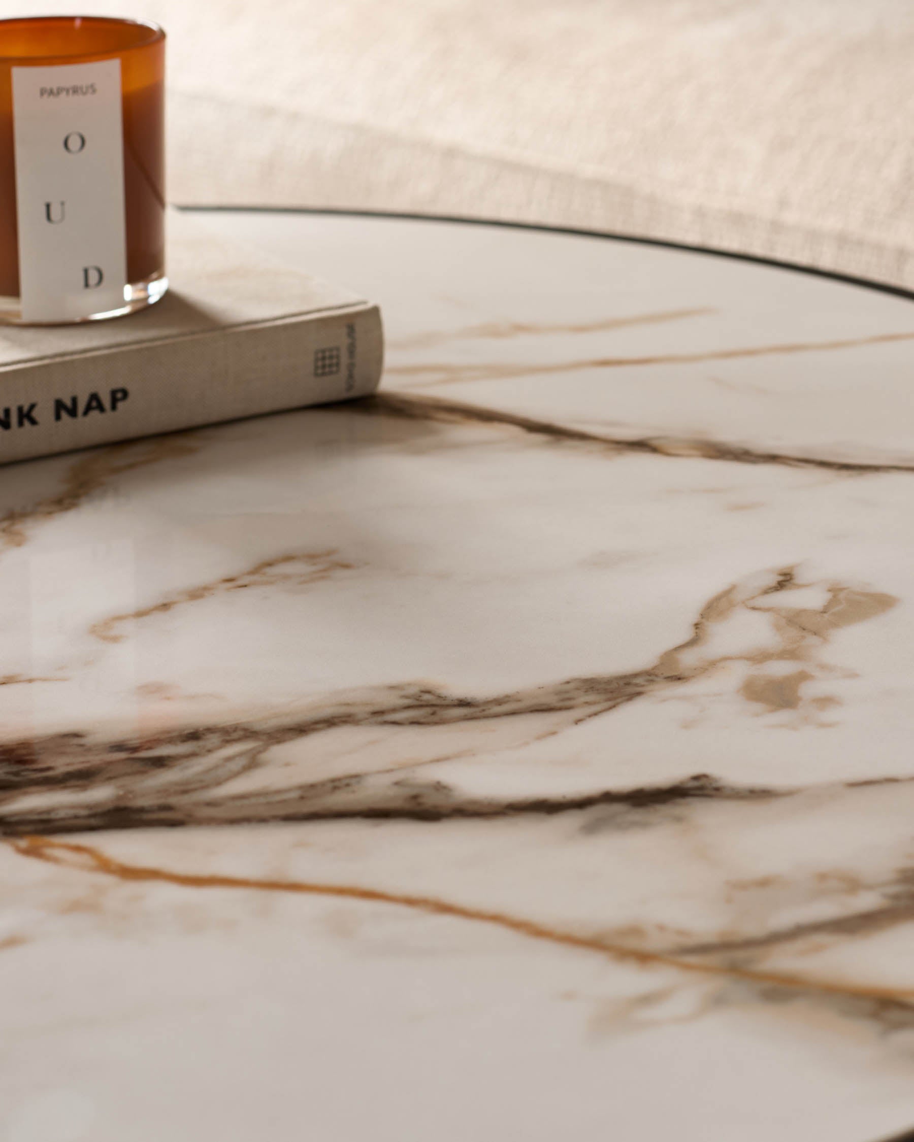 Thea natural ceramic coffee table and mocha velvet pouffe set