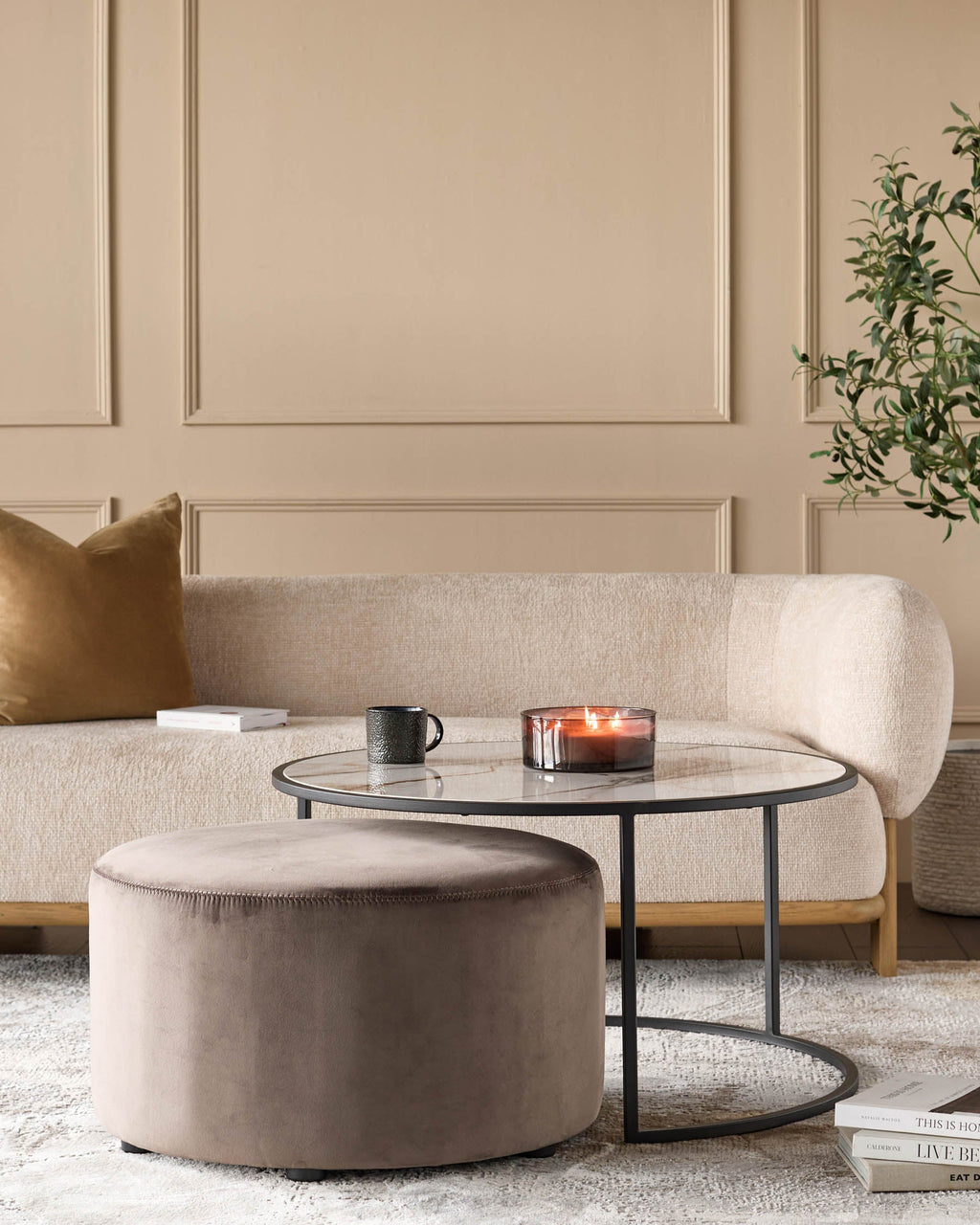 Thea natural ceramic coffee table and mocha velvet pouffe set