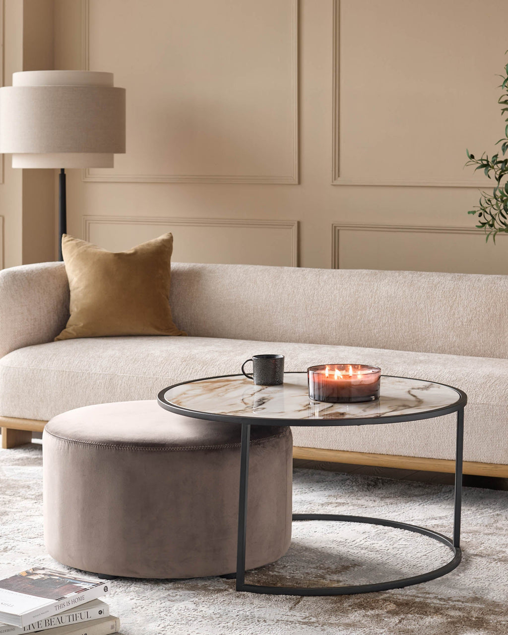 Thea natural ceramic coffee table and mocha velvet pouffe set