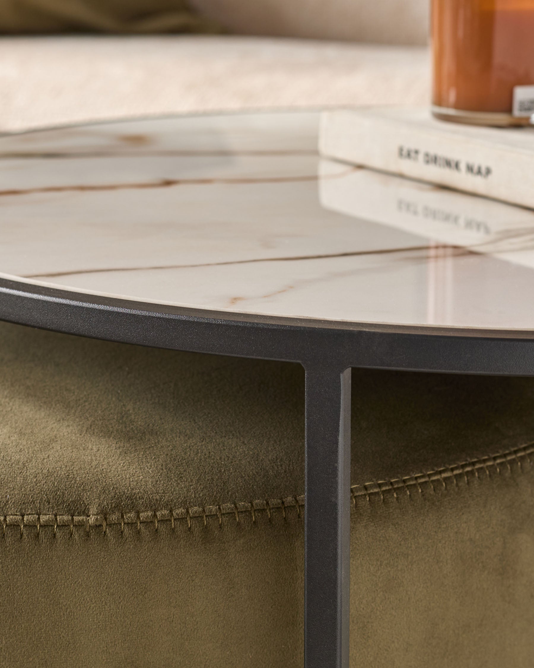 Thea natural ceramic coffee table and olive green velvet pouffe set